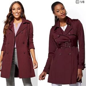New York & Company Women's Double-Breasted Burgundy Trench Coat